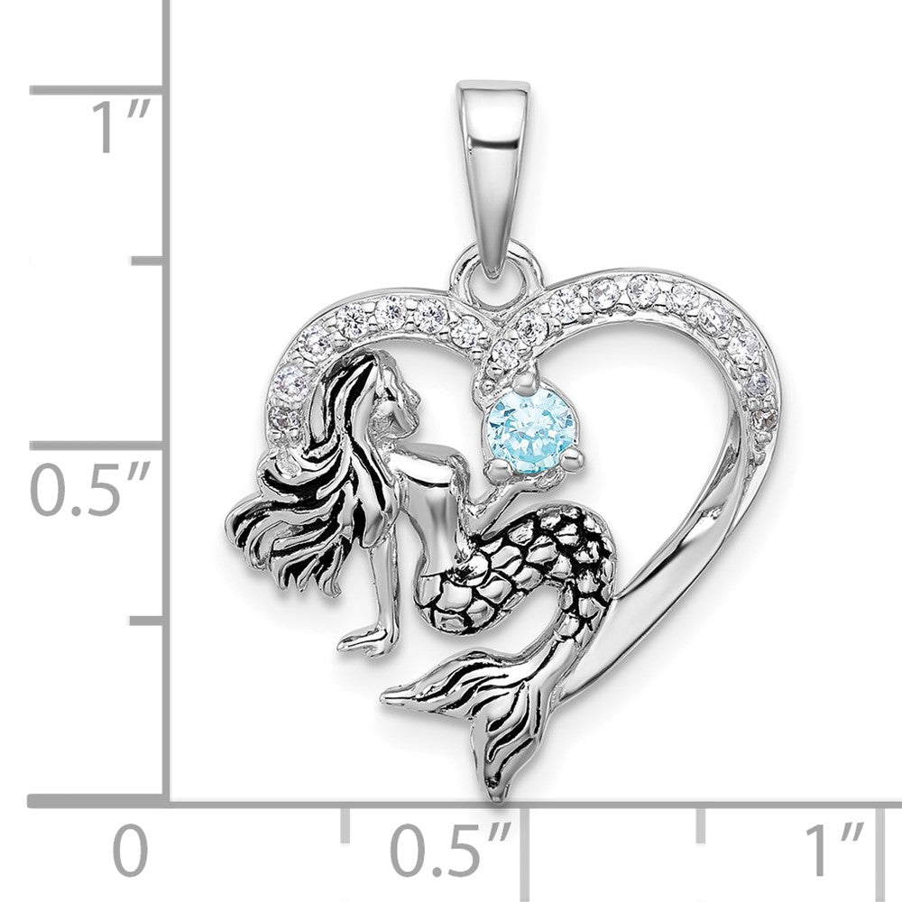 Sterling Silver Rh-plated Antiqued CZ Mermaid Heart Pendant