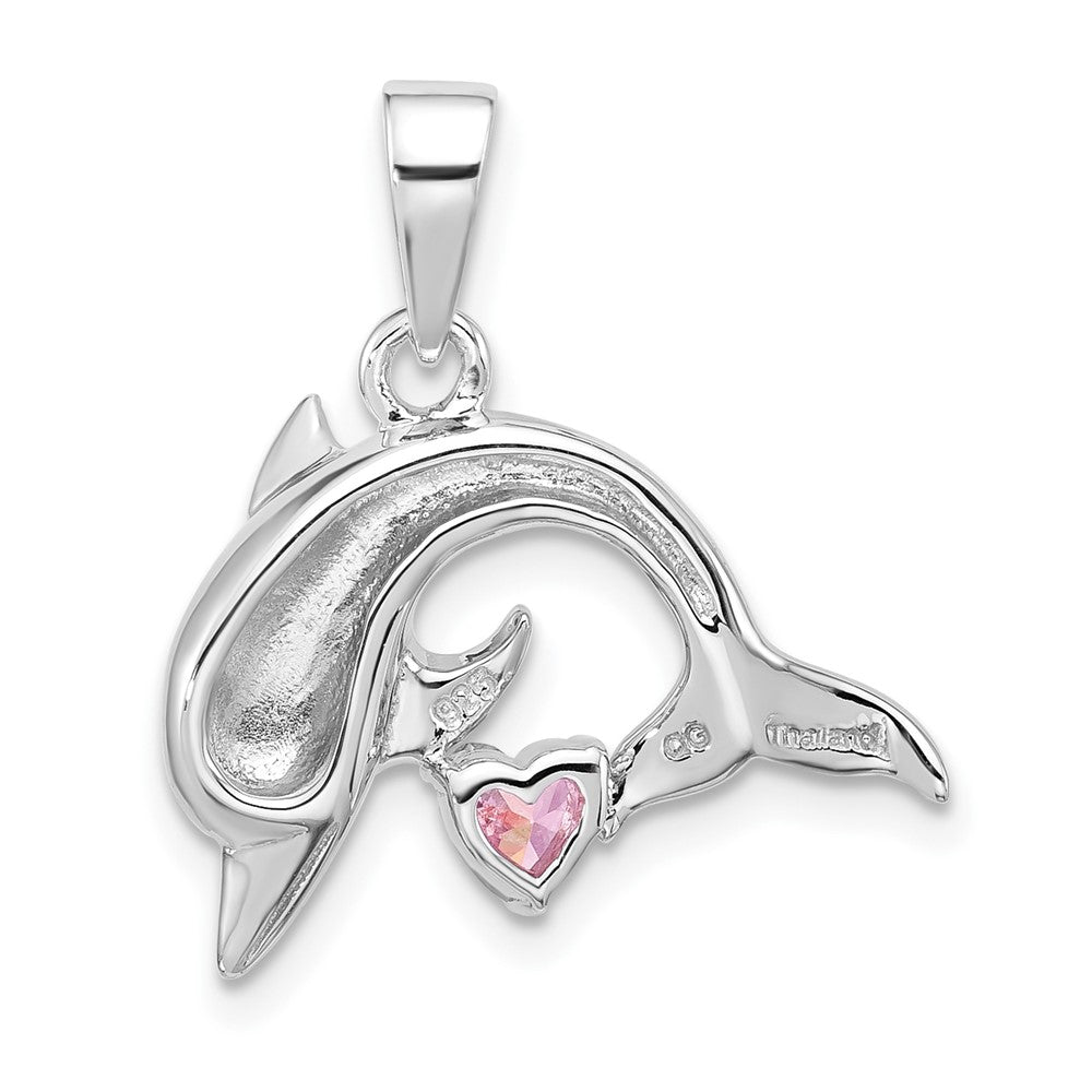 Sterling Silver RH-plated Polished & Antiqued Pink CZ Dolphin Pendant