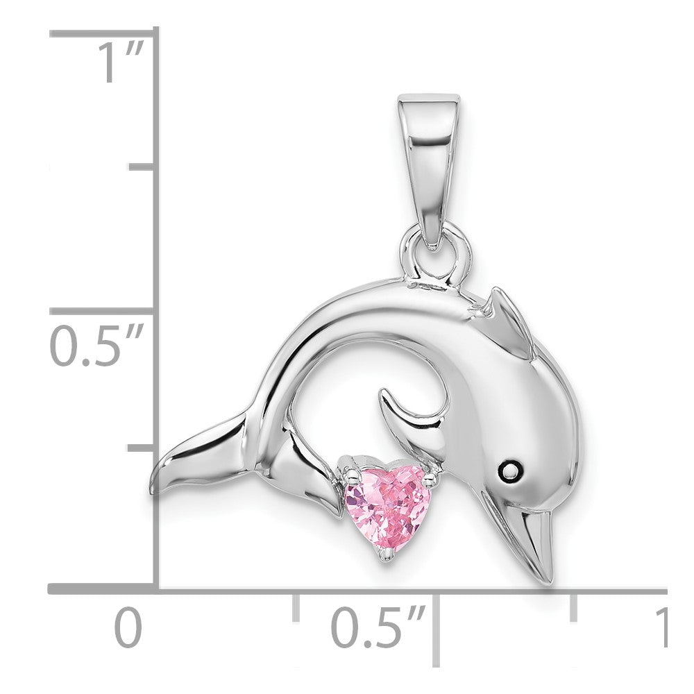 Sterling Silver RH-plated Polished & Antiqued Pink CZ Dolphin Pendant