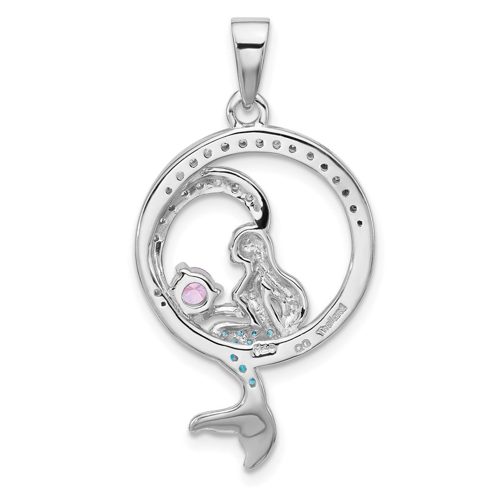 Sterling Silver Rh-plated Polished & Antiqued CZ Mermaid Pendant