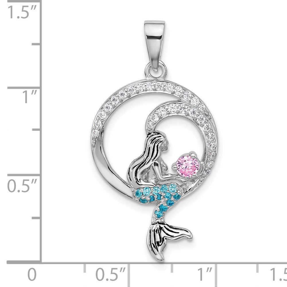 Sterling Silver Rh-plated Polished & Antiqued CZ Mermaid Pendant