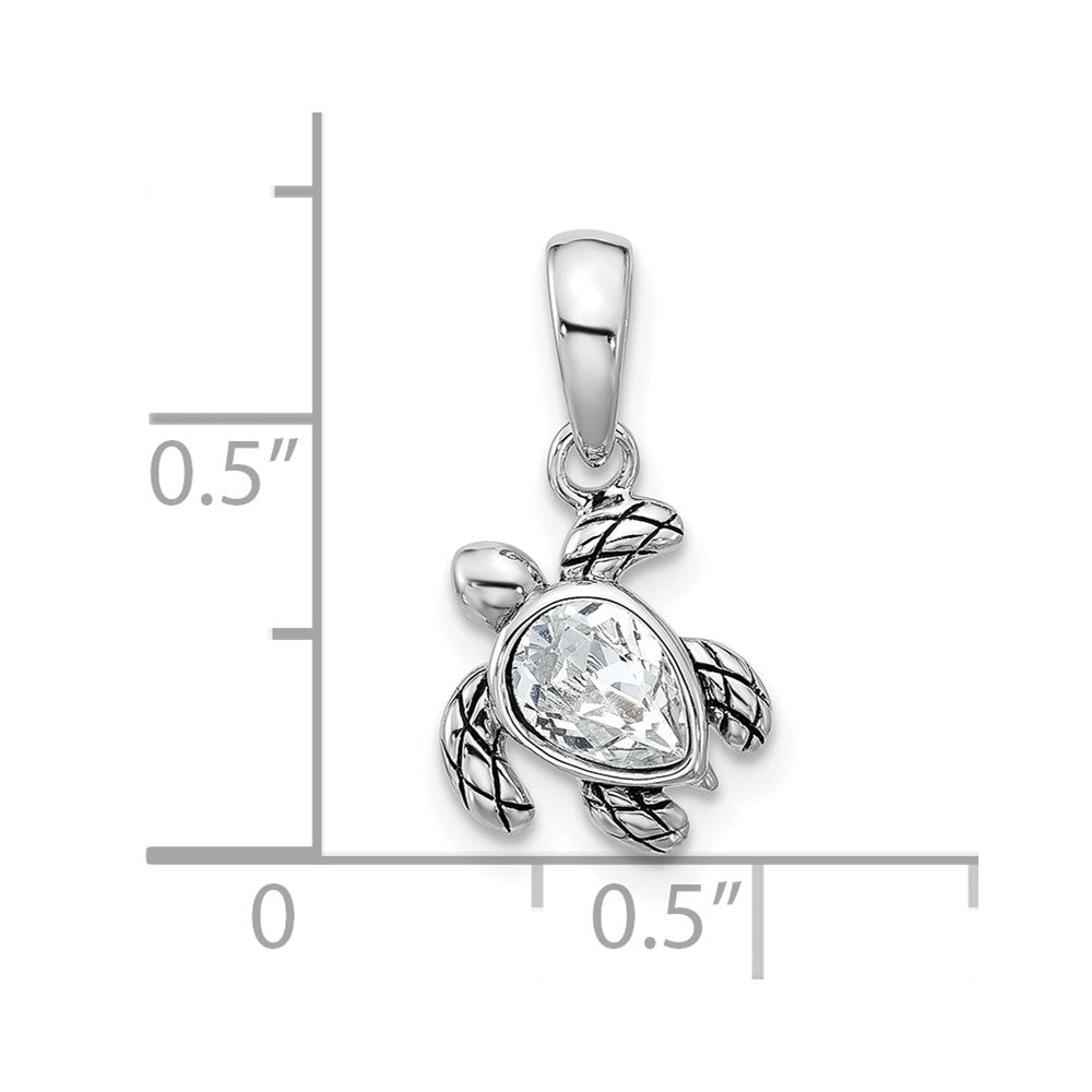 Sterling Silver RH-plated Antiqued Crystal Apr Birthstone Turtle Pendant