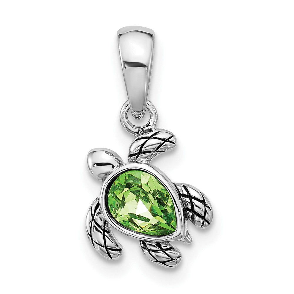 Sterling Silver RH-plated Antiqued Crystal Aug Birthstone Turtle Pendant