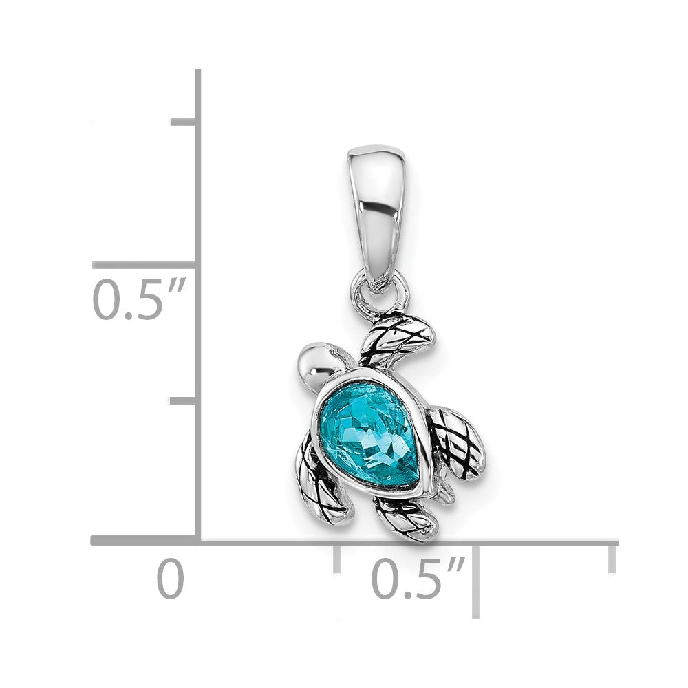 Sterling Silver RH-plated Antiqued Crystal Dec Birthstone Turtle Pendant