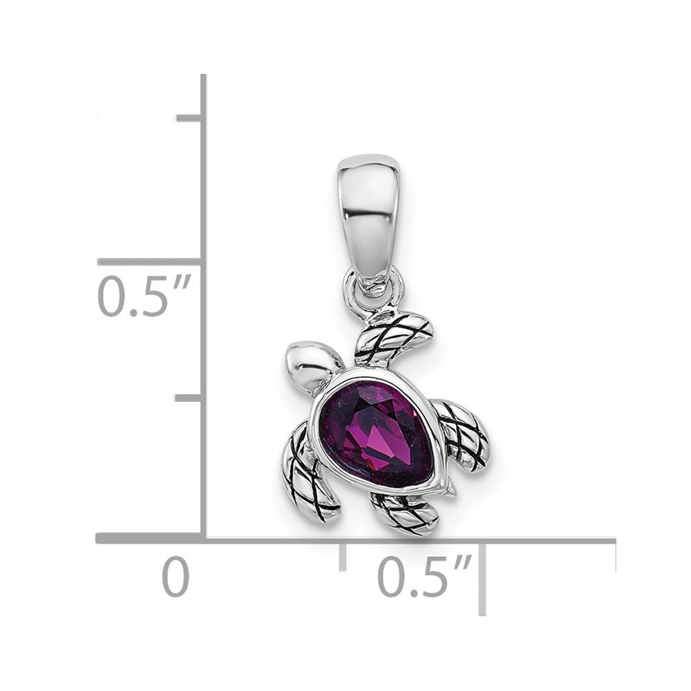 Sterling Silver RH-plated Antiqued Crystal Feb Birthstone Turtle Pendant