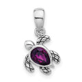 Sterling Silver RH-plated Antiqued Crystal Feb Birthstone Turtle Pendant