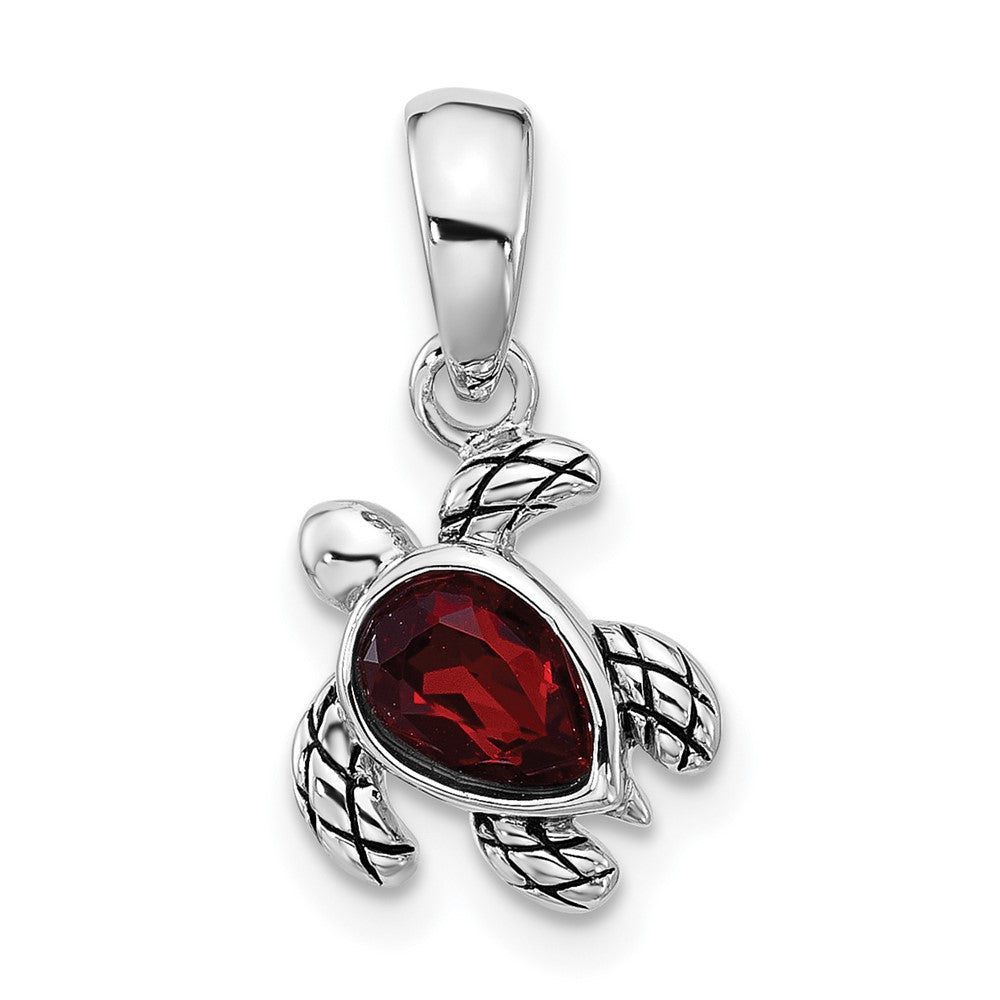 Sterling Silver RH-plated Antiqued Crystal Jan Birthstone Turtle Pendant