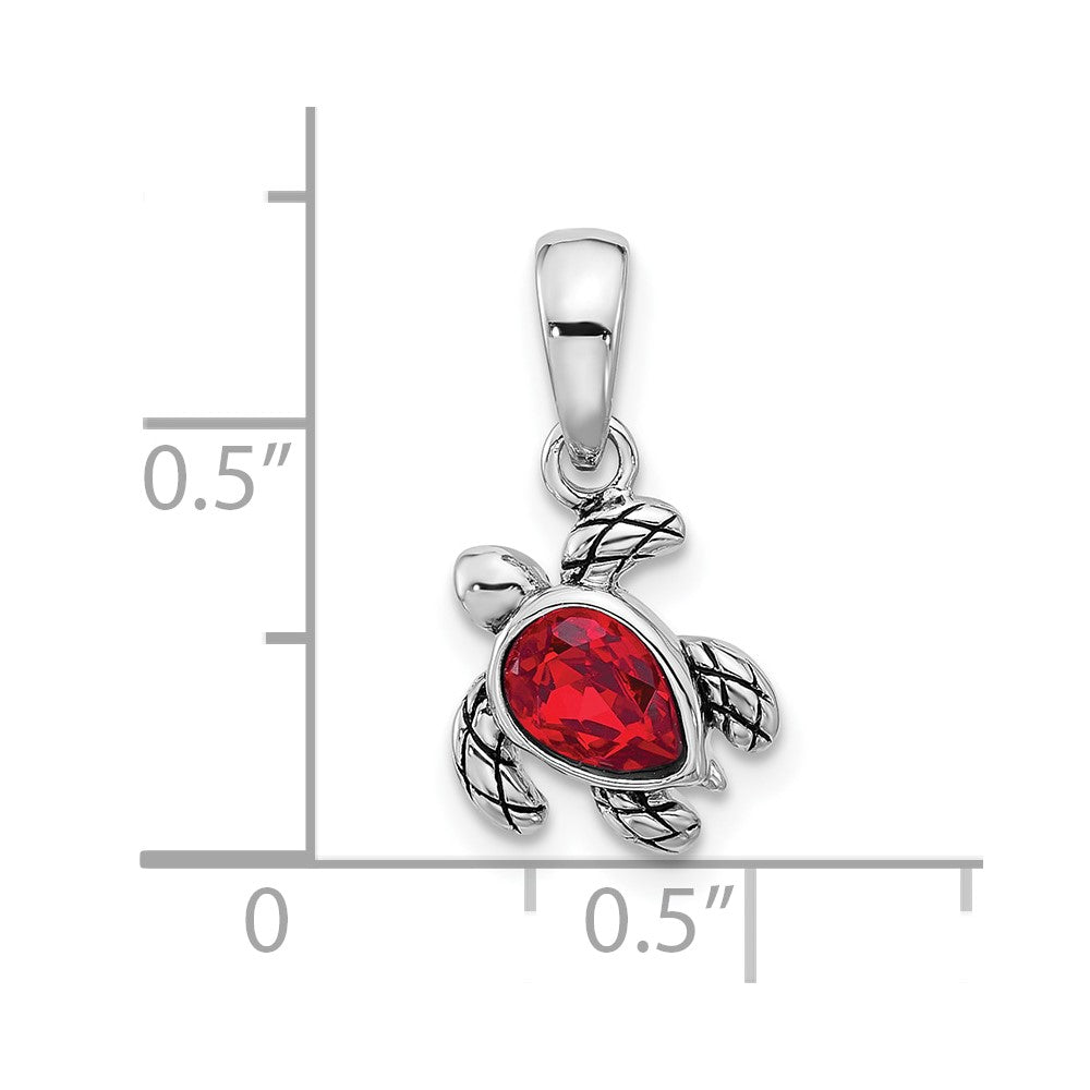 Sterling Silver RH-plated Antiqued Crystal July Birthstone Turtle Pendant