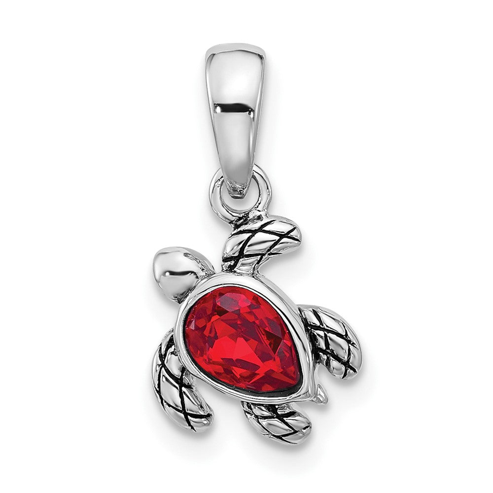 Sterling Silver RH-plated Antiqued Crystal July Birthstone Turtle Pendant