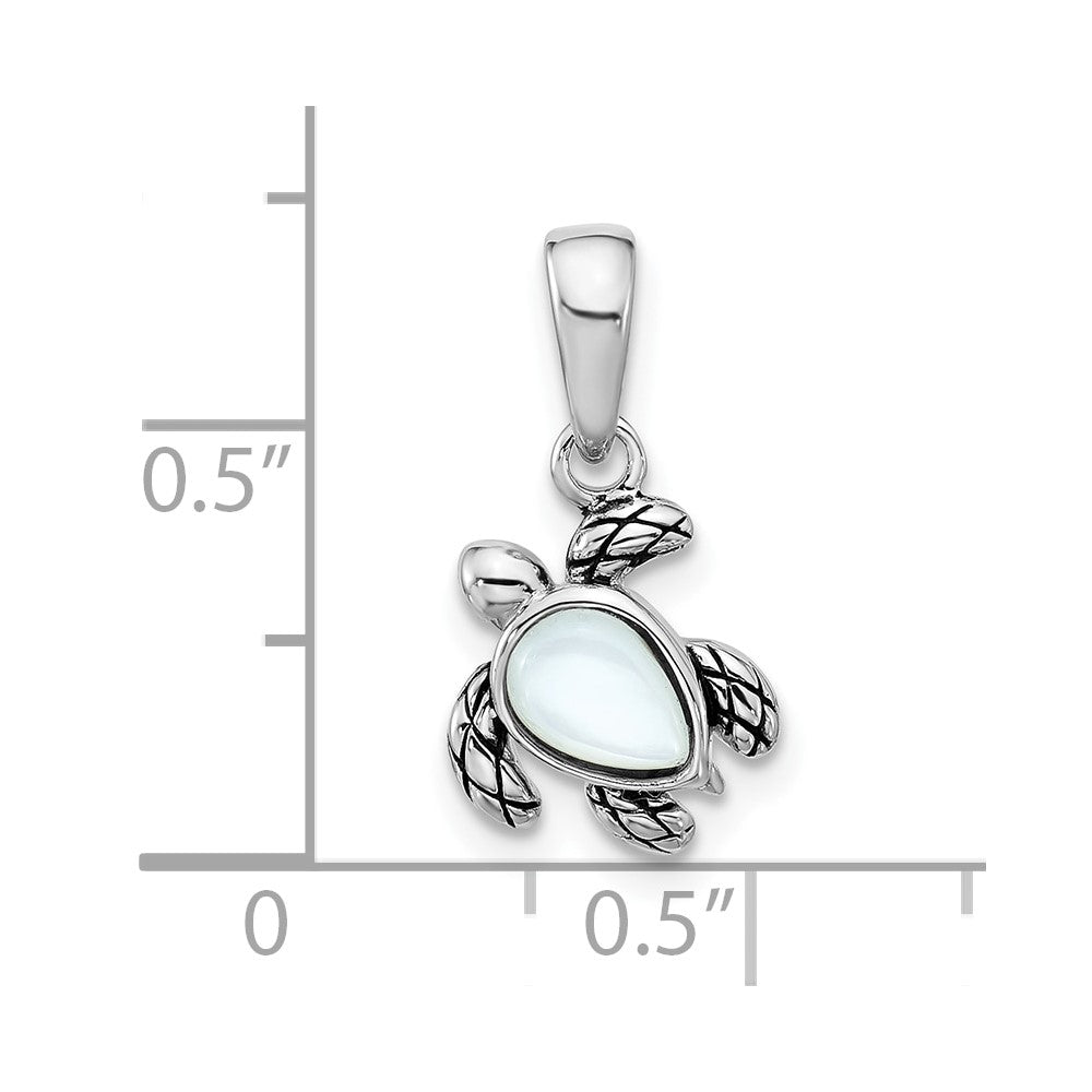 Sterling Silver RH-plated Antiqued MOP June Birthstone Turtle Pendant