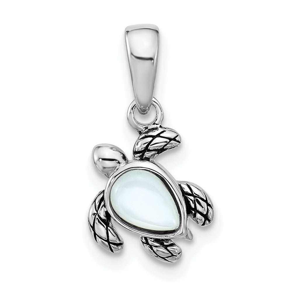 Sterling Silver RH-plated Antiqued MOP June Birthstone Turtle Pendant
