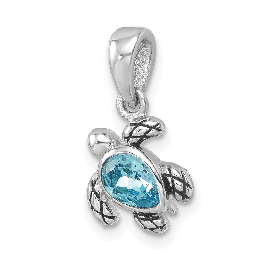 Sterling Silver Rh-plated Antiqued Crystal March Turtle Pendant