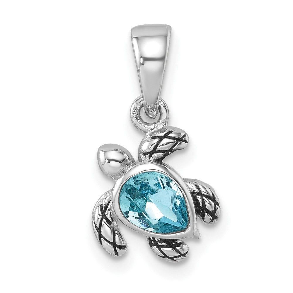Sterling Silver Rh-plated Antiqued Crystal March Turtle Pendant