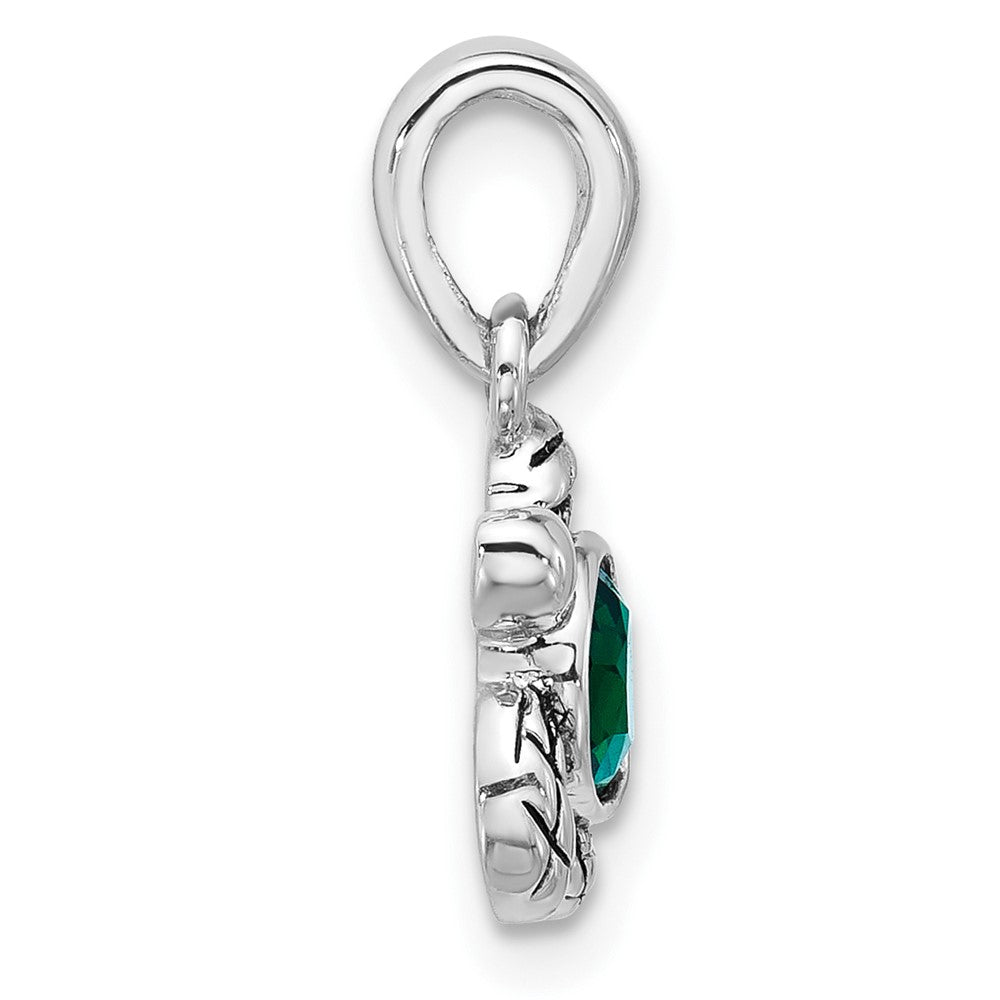 Sterling Silver RH-plated Antiqued Crystal May Birthstone Turtle Pendant