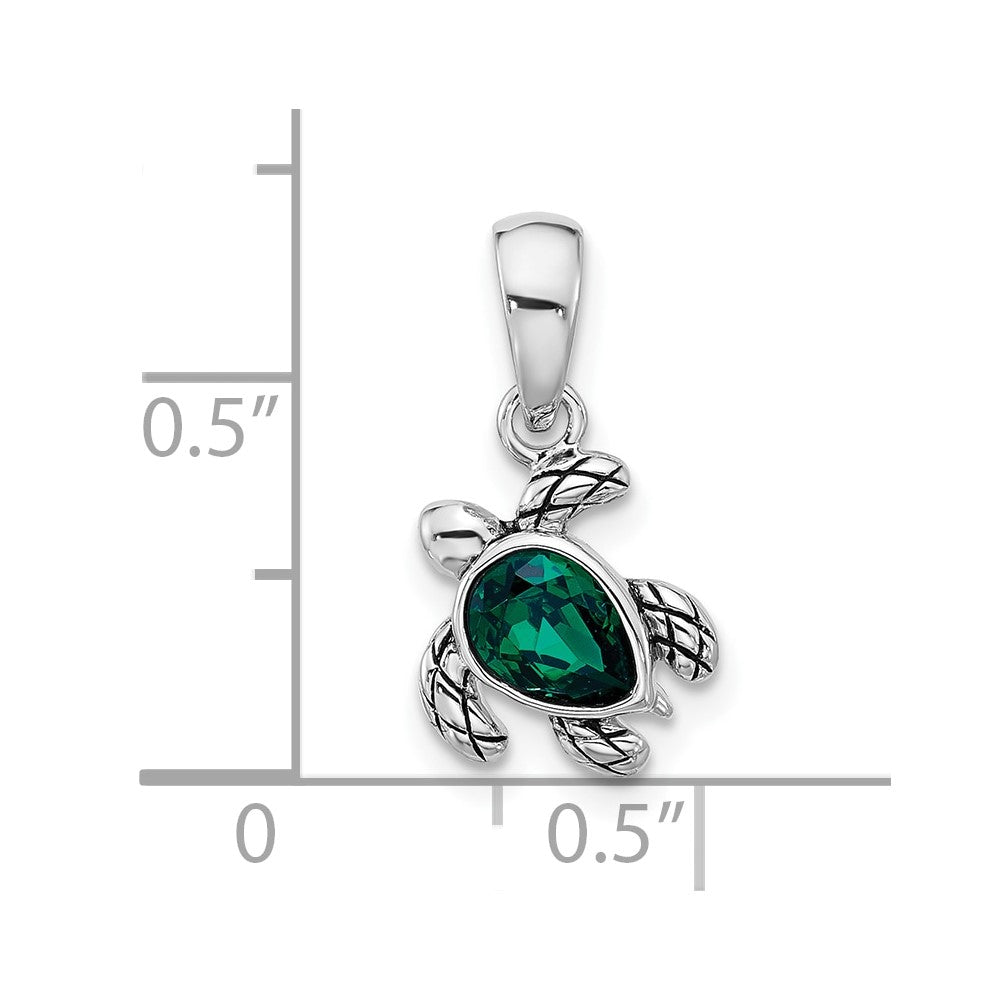 Sterling Silver RH-plated Antiqued Crystal May Birthstone Turtle Pendant