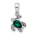 Sterling Silver RH-plated Antiqued Crystal May Birthstone Turtle Pendant
