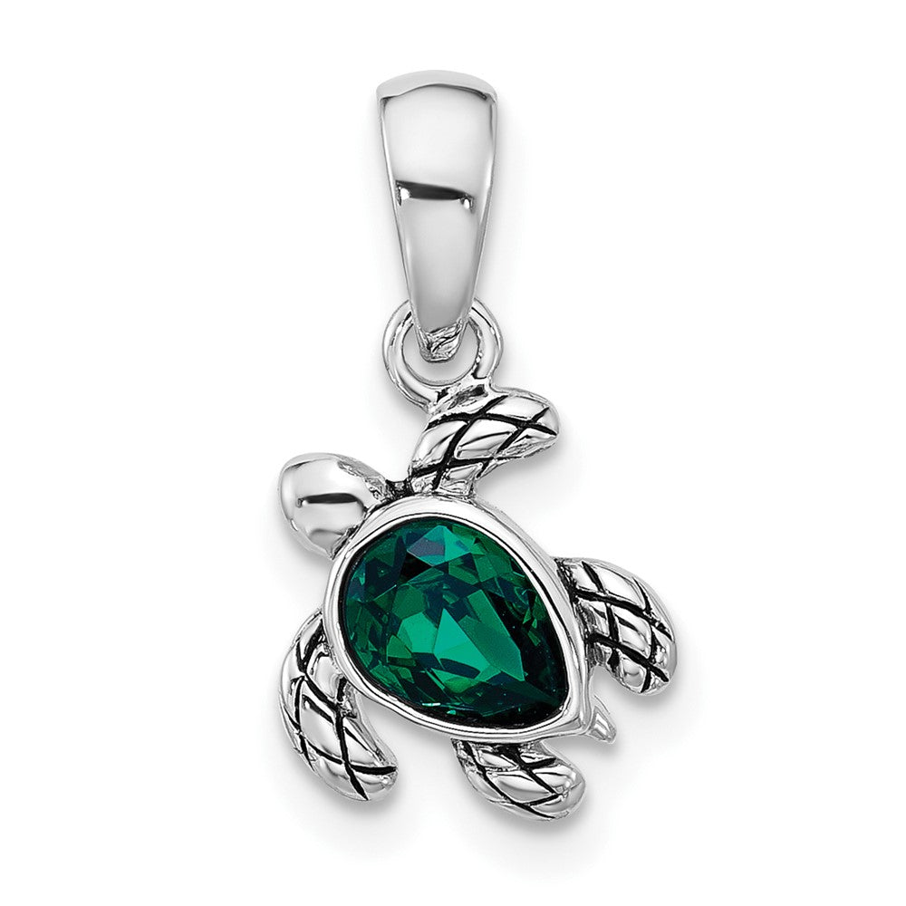 Sterling Silver RH-plated Antiqued Crystal May Birthstone Turtle Pendant