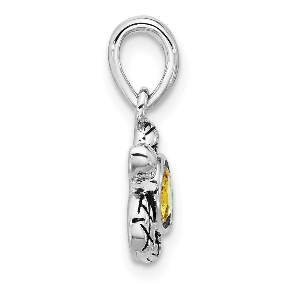 Sterling Silver RH-plated Antiqued Crystal Nov Birthstone Turtle Pendant