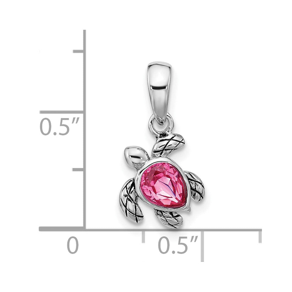 Sterling Silver RH-plated Antiqued Crystal Oct Birthstone Turtle Pendant