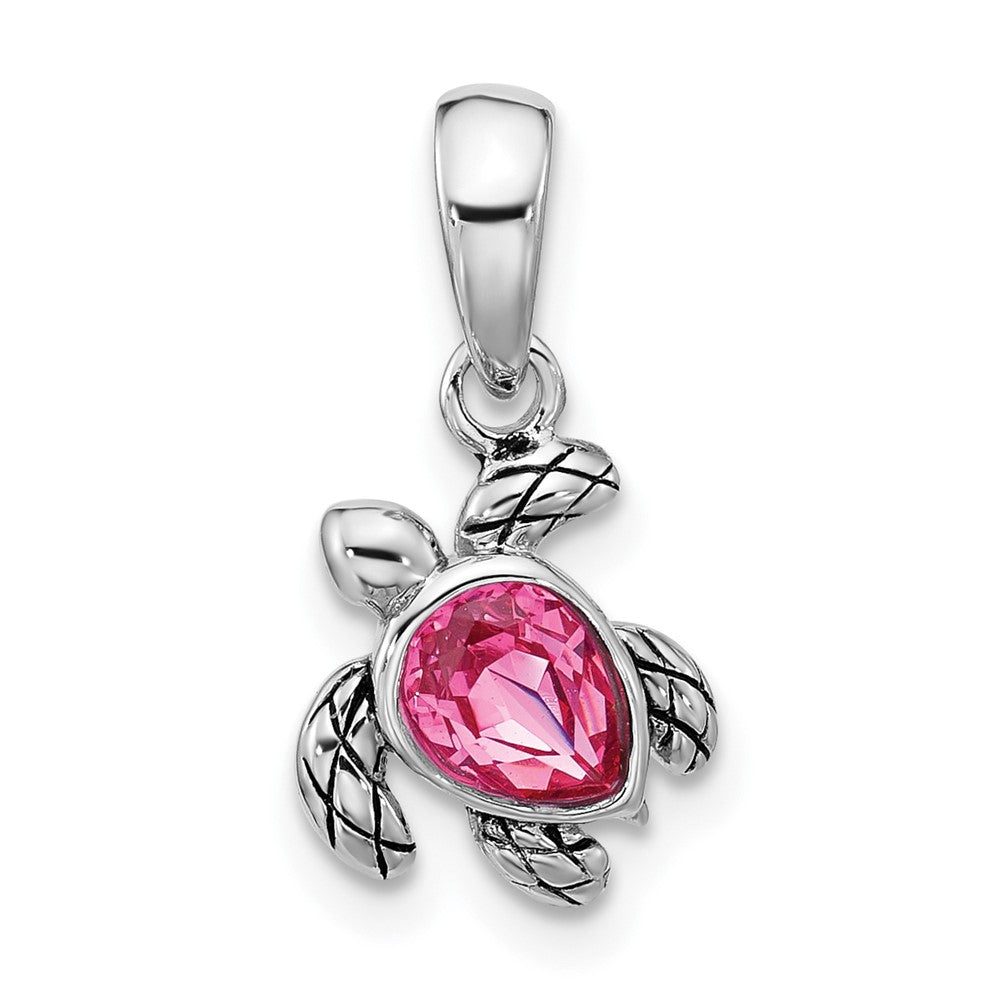 Sterling Silver RH-plated Antiqued Crystal Oct Birthstone Turtle Pendant