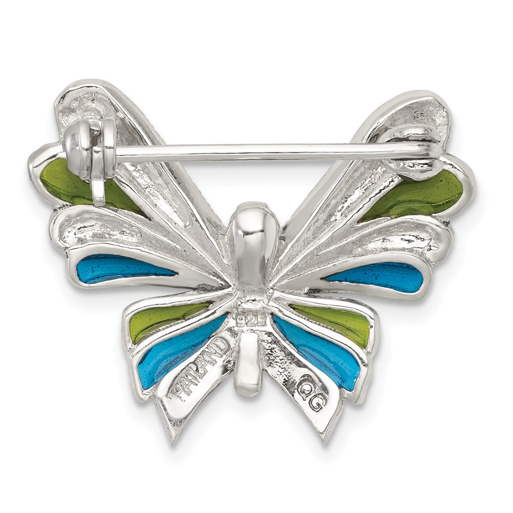 Sterling Silver Antiqued Marcasite and Green/Blue Epoxy Butterfly Pin