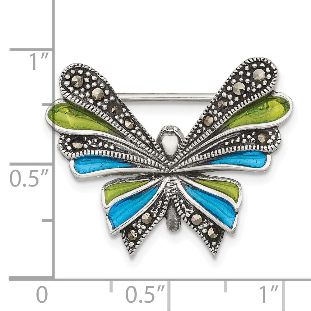 Sterling Silver Antiqued Marcasite and Green/Blue Epoxy Butterfly Pin