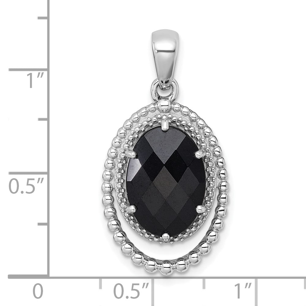 SS RH-plated Polished and Beaded Fancy Black Onyx Oval Pendant