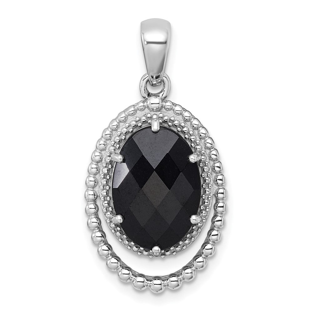 SS RH-plated Polished and Beaded Fancy Black Onyx Oval Pendant