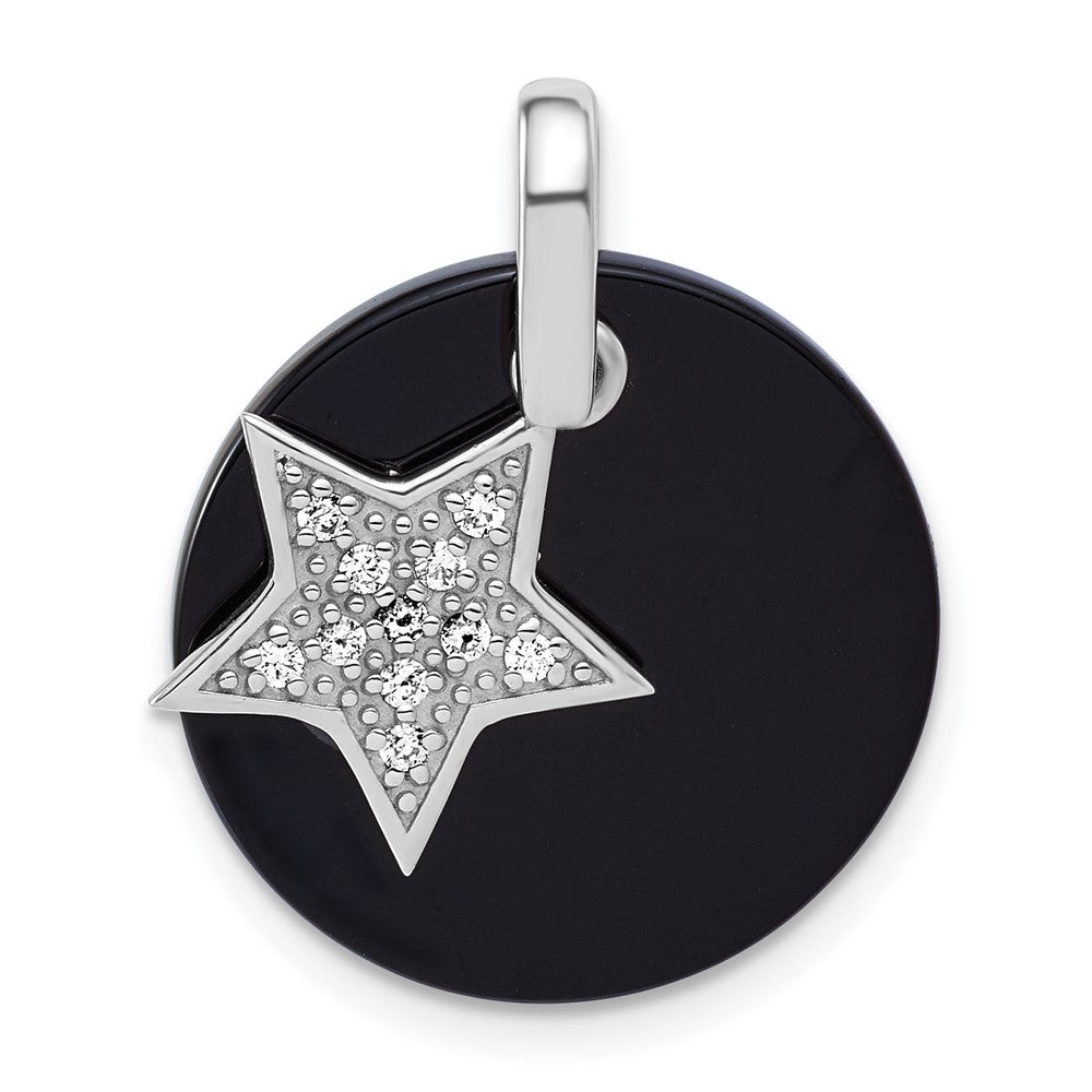 Sterling Silver RH-plated Polished Onyx and CZ Star Circle Pendant