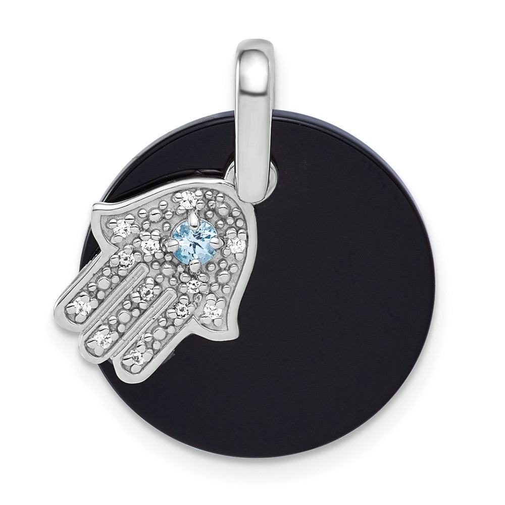 SS RH-plated Polished LSBT CZ and Onyx Hamsa Circle Pendant