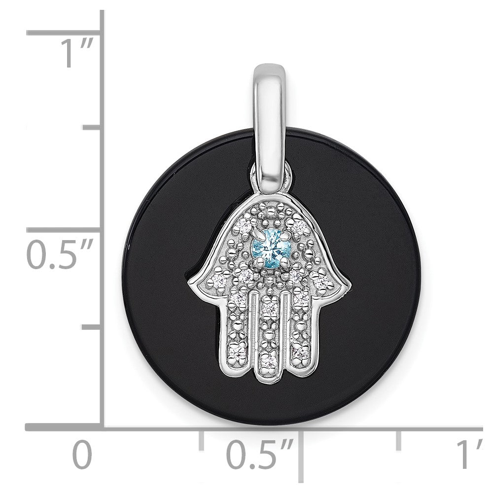 SS RH-plated Polished LSBT CZ and Onyx Hamsa Circle Pendant