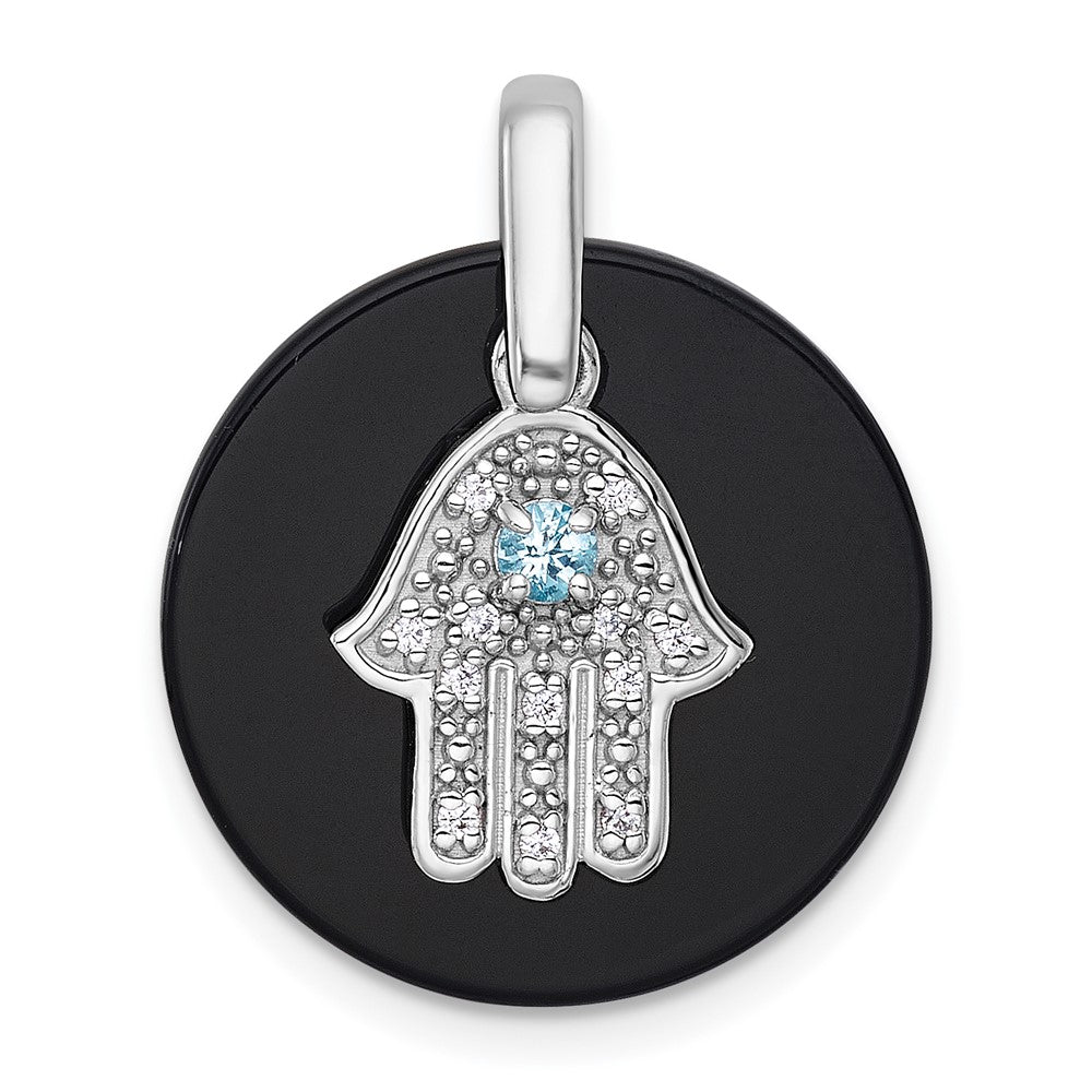 SS RH-plated Polished LSBT CZ and Onyx Hamsa Circle Pendant