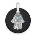 SS RH-plated Polished LSBT CZ and Onyx Hamsa Circle Pendant