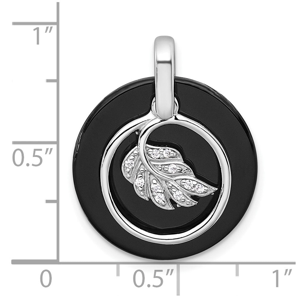 Sterling Silver RH-plated Polished Onyx and CZ Leaf Circle Pendant