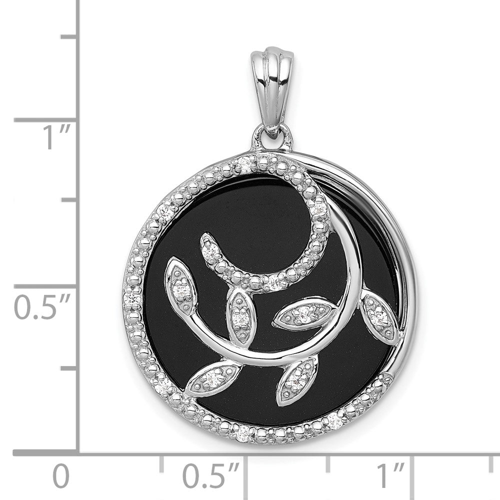 Sterling Silver RH-plated Polished Onyx and CZ Leaf Circle Pendant