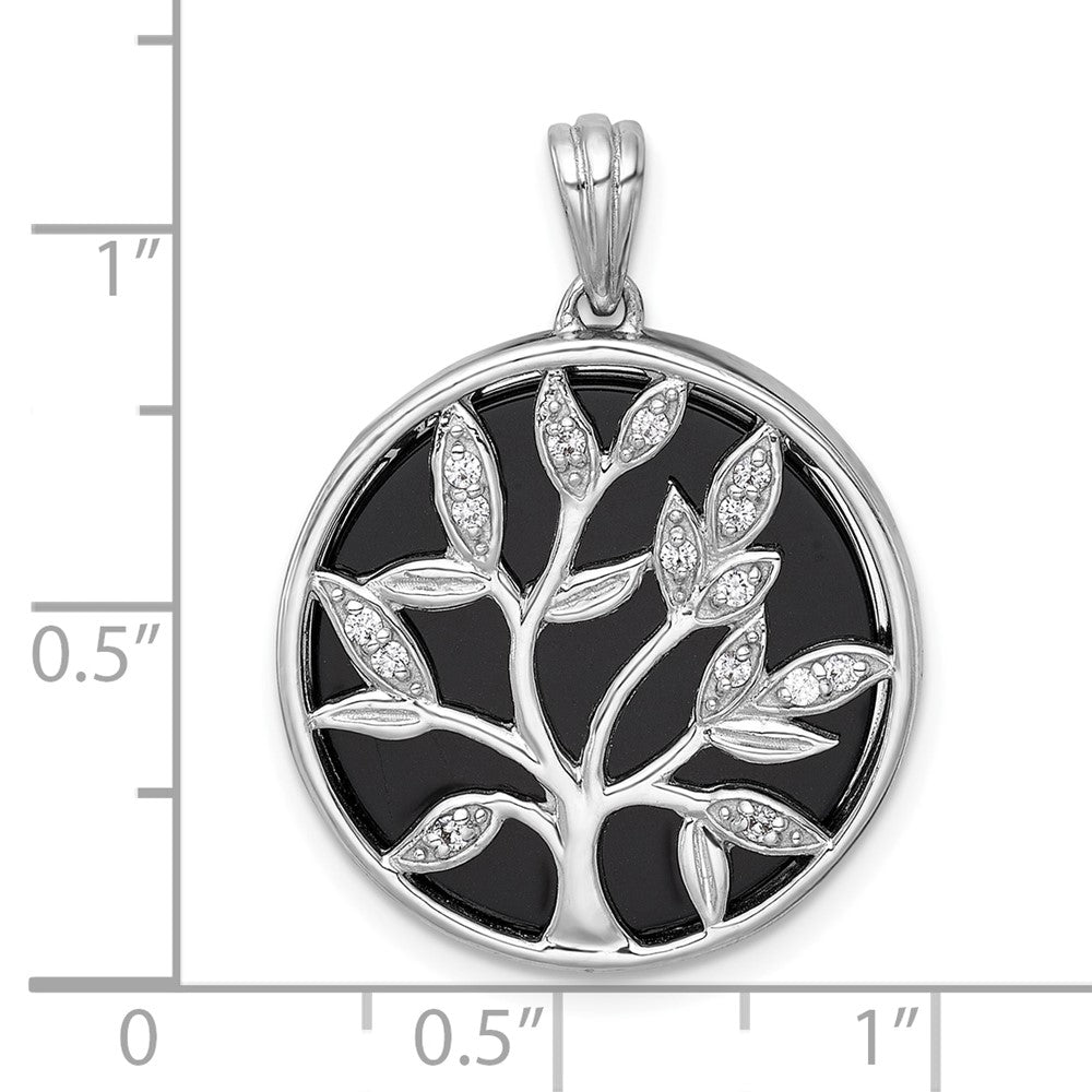 Sterling Silver RH-plated Polished Onyx and CZ Tree of Life Pendant