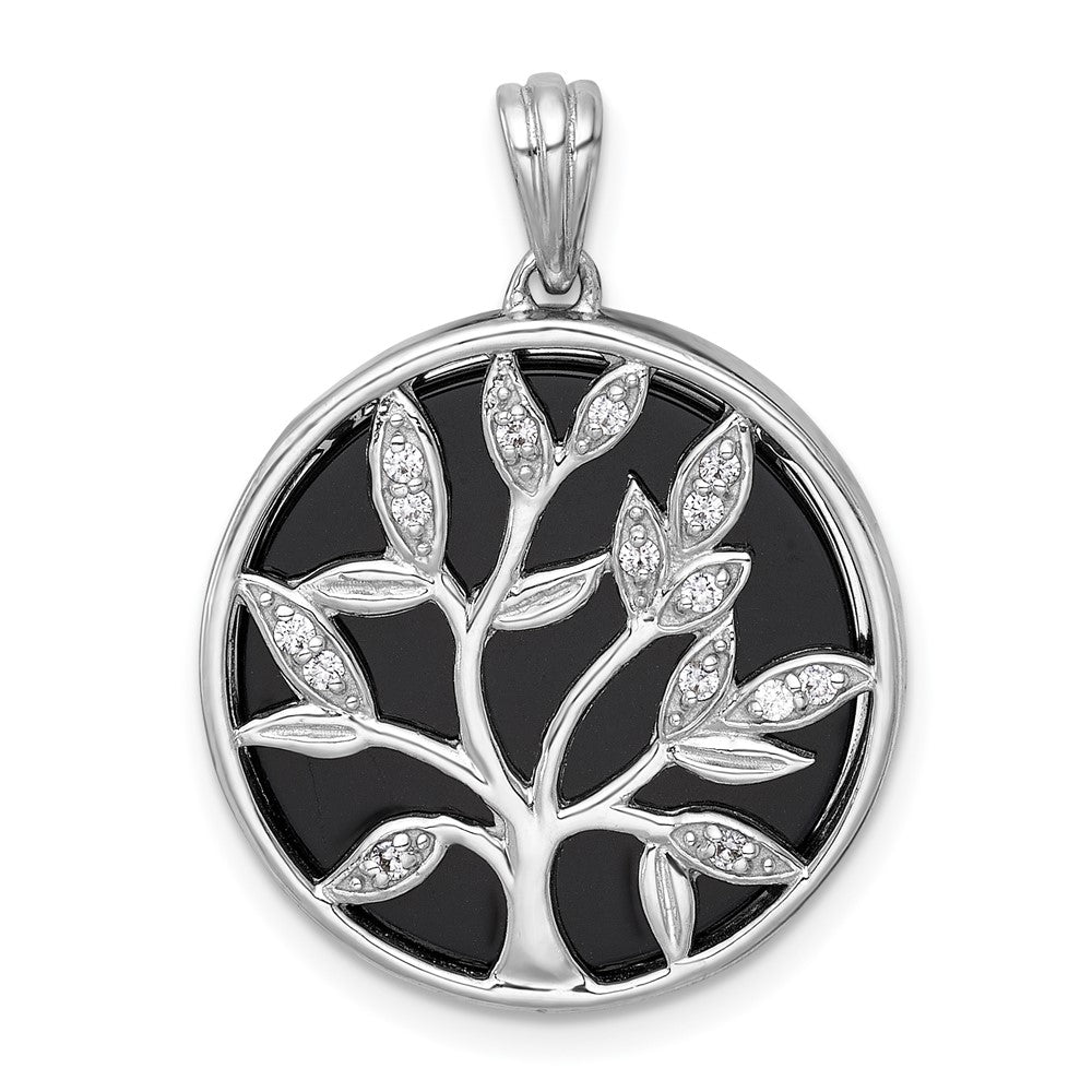 Sterling Silver RH-plated Polished Onyx and CZ Tree of Life Pendant