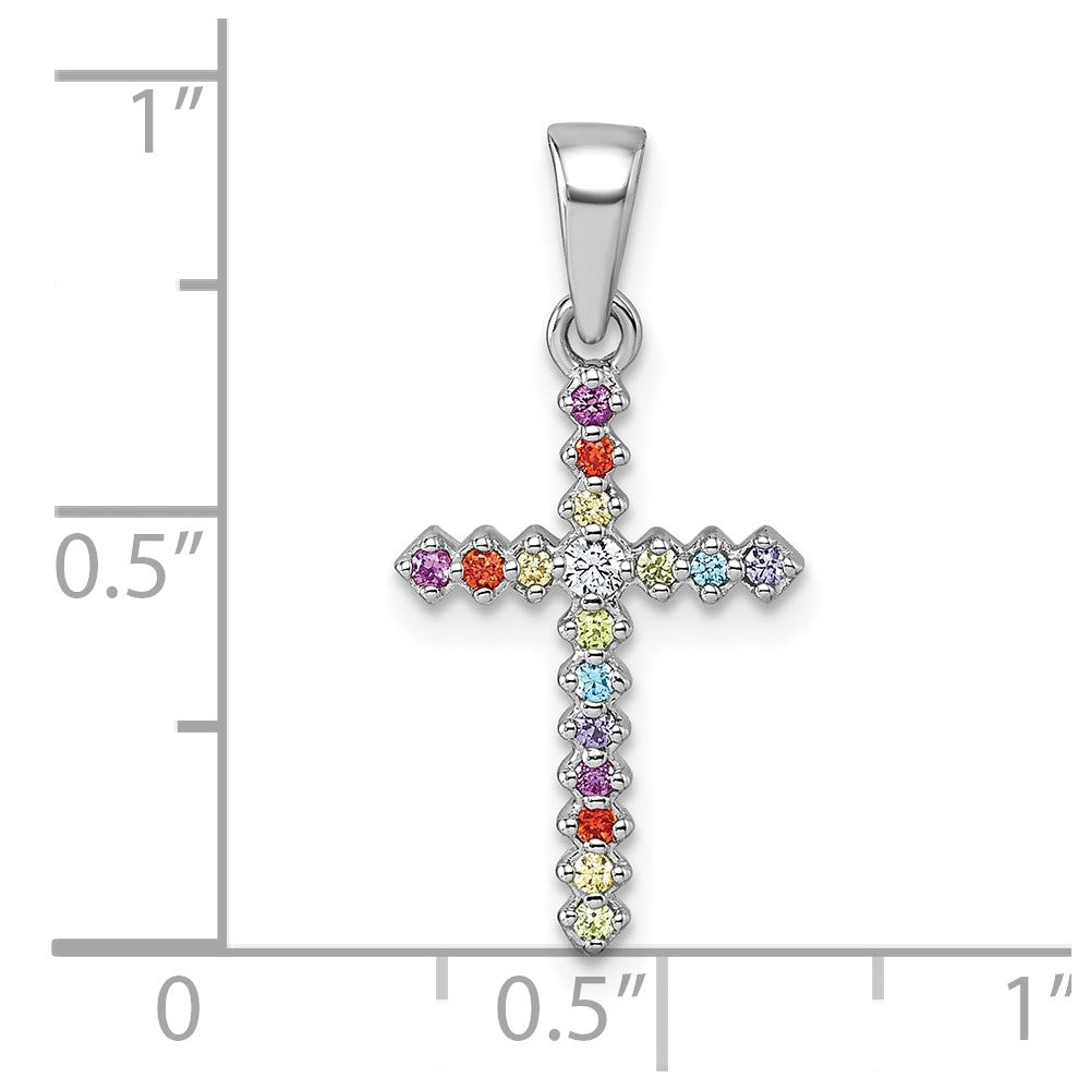 Sterling Silver Rhodium-plated Multi-color CZ Cross Pendant