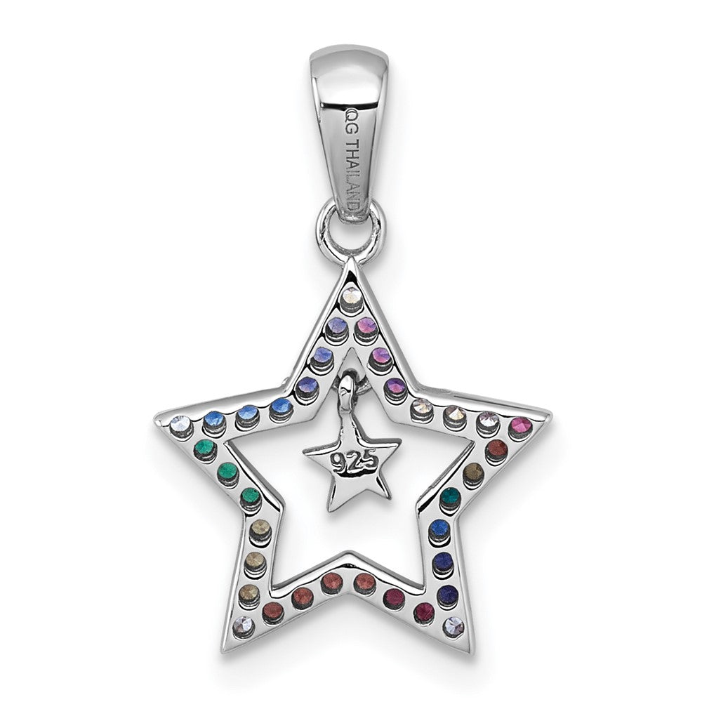 SS RH-pltd Rainbow Nano Crystals Star w/ Mini Star Dangle Pendant