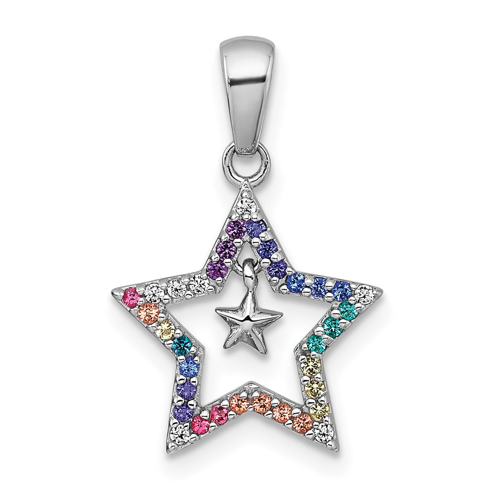 SS RH-pltd Rainbow Nano Crystals Star w/ Mini Star Dangle Pendant