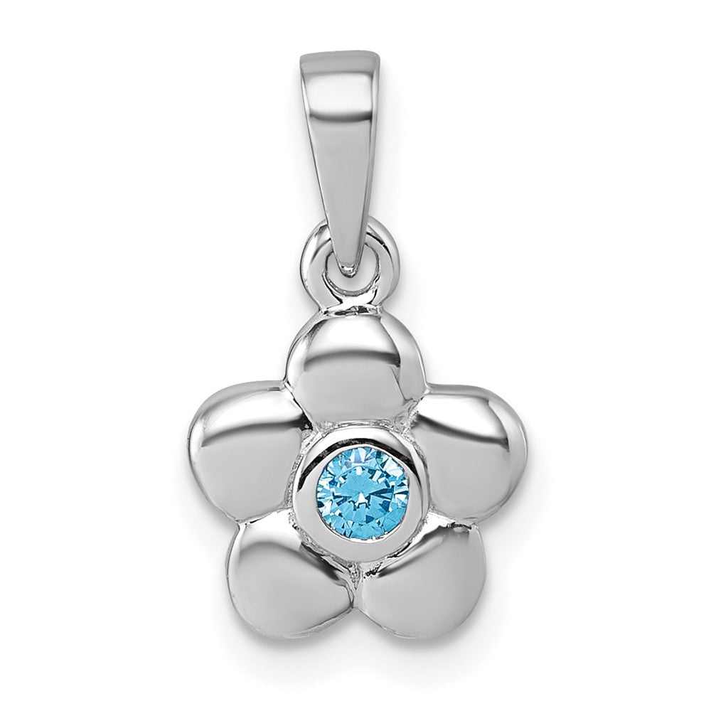 Sterling Silver Rh-plated Polished Blue CZ Flower Pendant