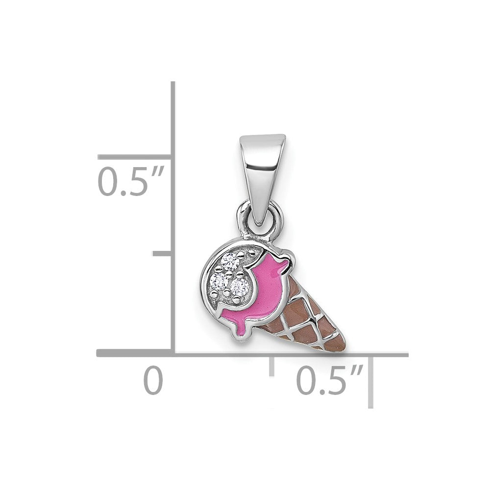 Sterling Silver RH-plated Enameled and CZ Ice Cream Cone Pendant