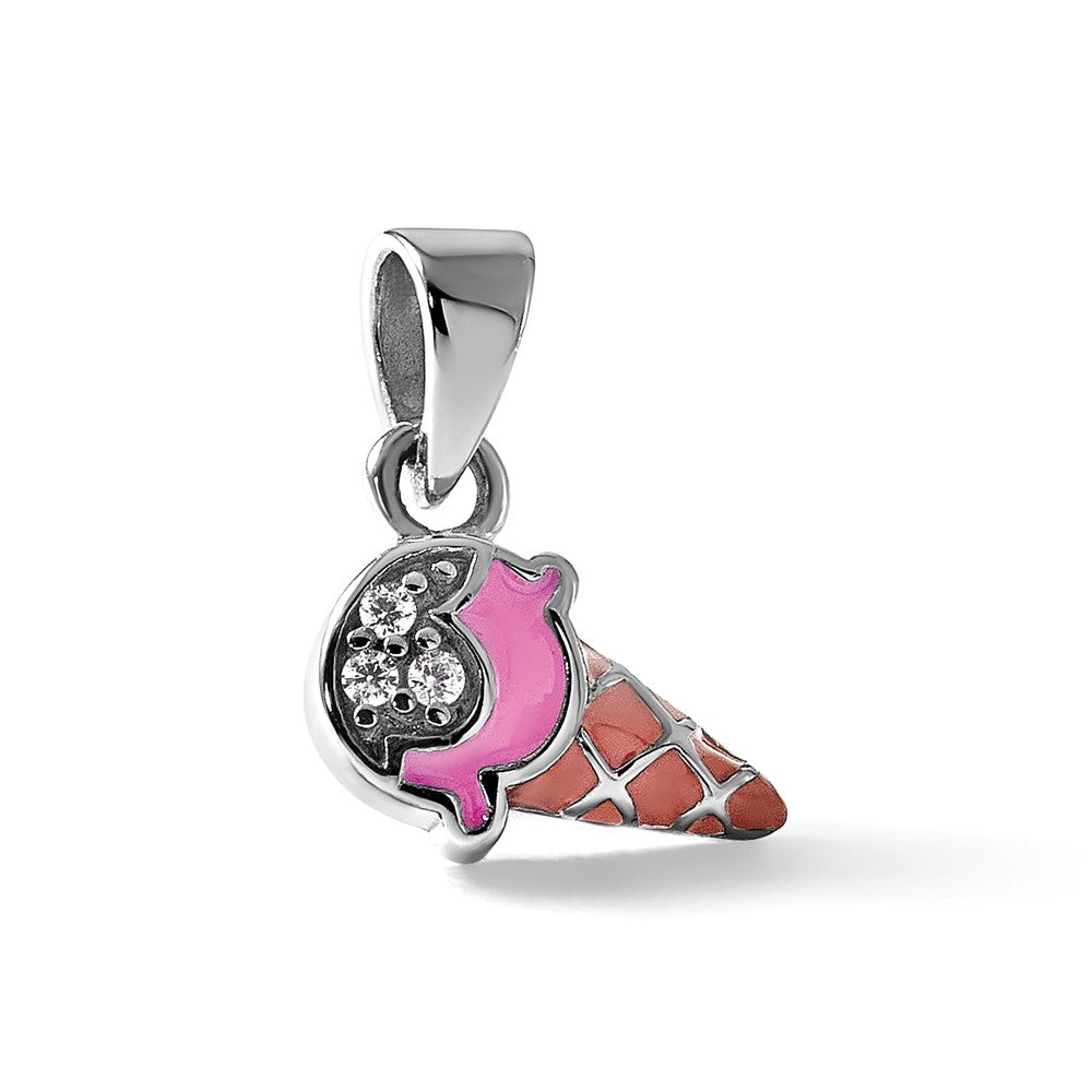 Sterling Silver RH-plated Enameled and CZ Ice Cream Cone Pendant