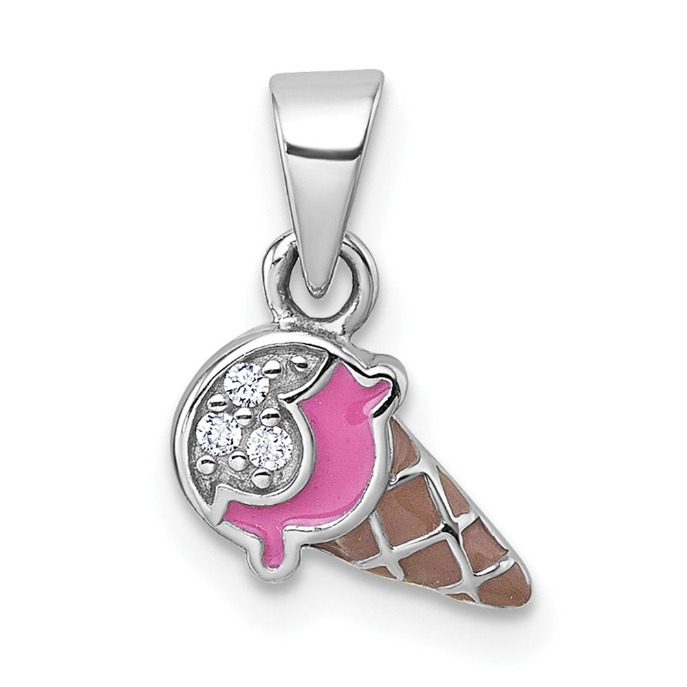 Sterling Silver RH-plated Enameled and CZ Ice Cream Cone Pendant
