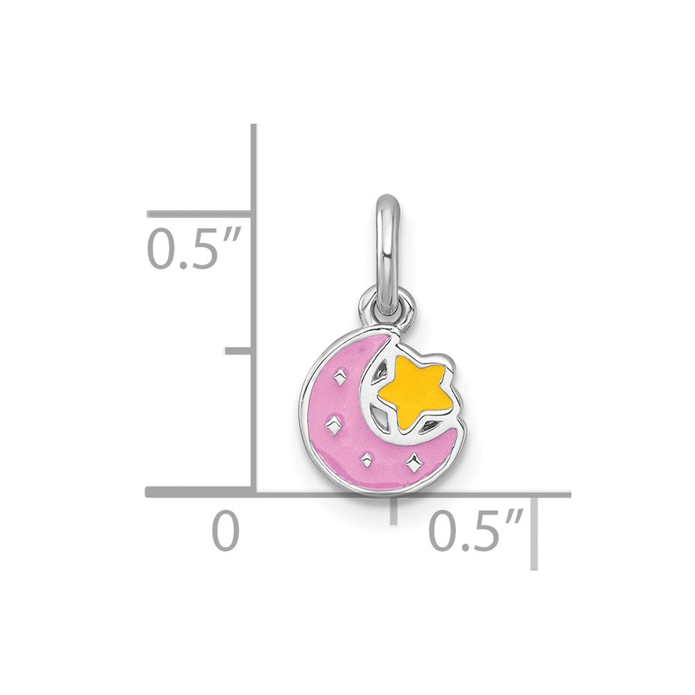 Sterling Silver RH-plated Polished Enamel Moon and Star Pendant