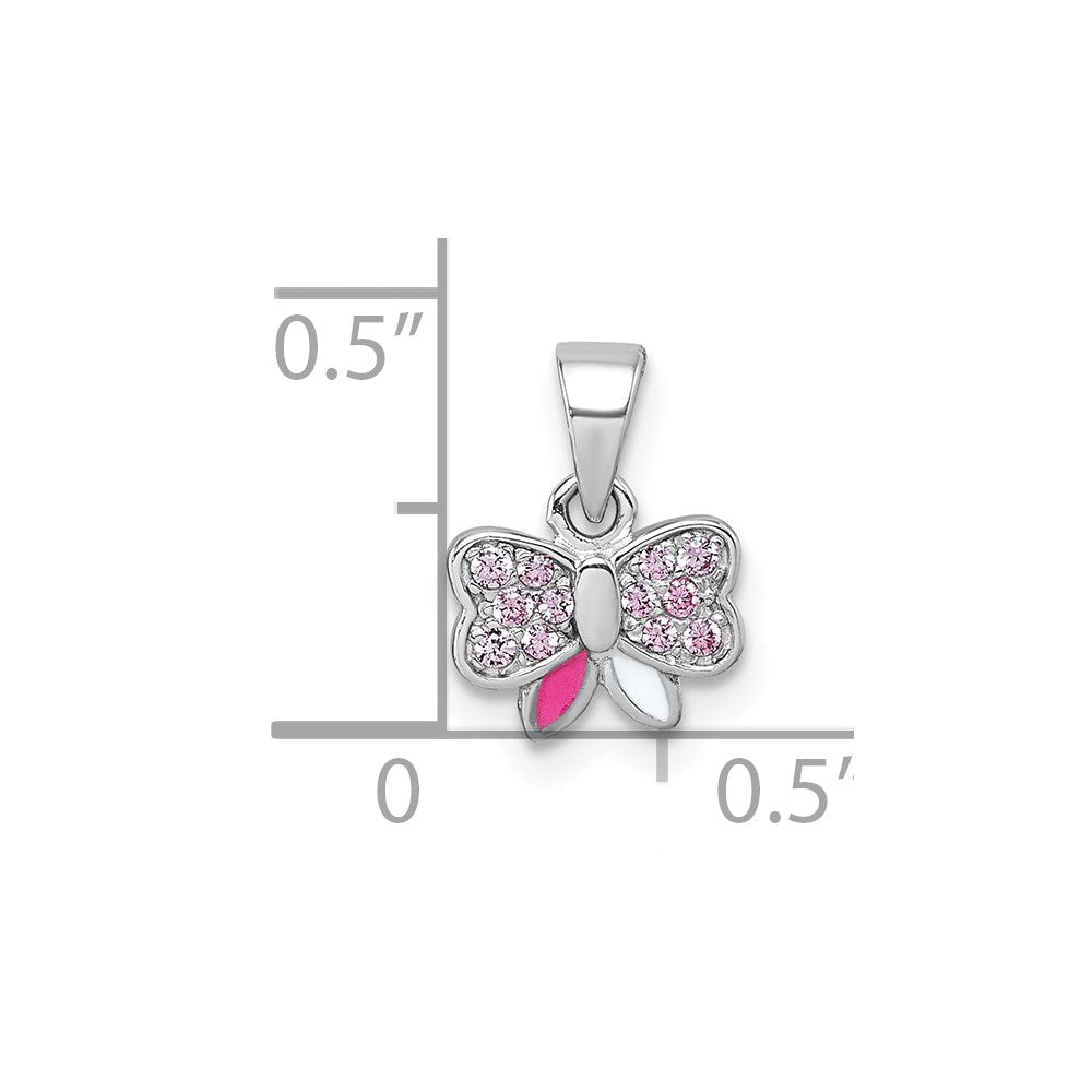 Sterling Silver Rhodium-plated Pink CZ and Pink/White Enamel Bow Pendant