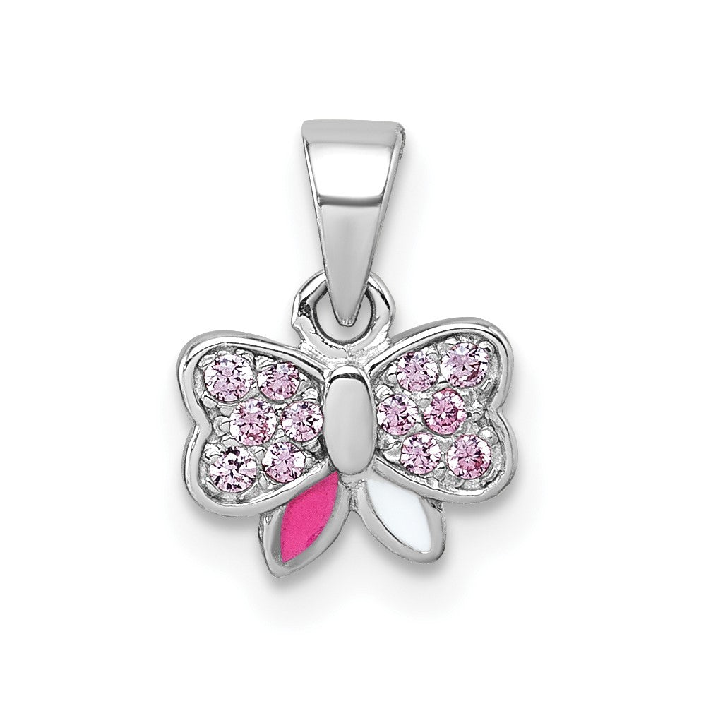 Sterling Silver Rhodium-plated Pink CZ and Pink/White Enamel Bow Pendant