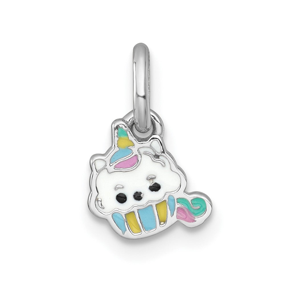 Sterling Silver Rhodium-plated Enamel Unicorn Cupcake Pendant