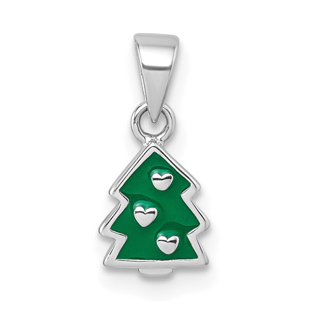 Sterling Silver Rhodium-plated Green Enamel Tree with Heart Pendant