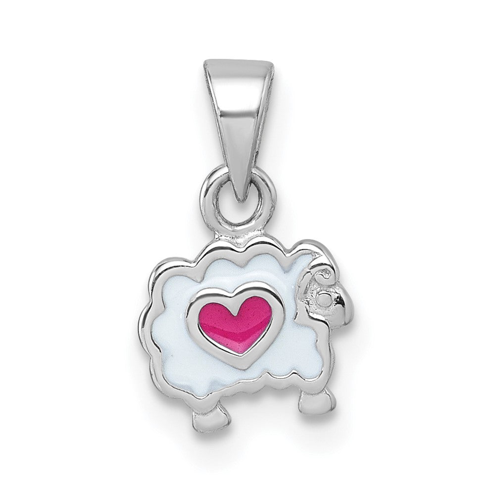 Sterling Silver Rhodium-plated Enamel Sheep with Heart Pendant